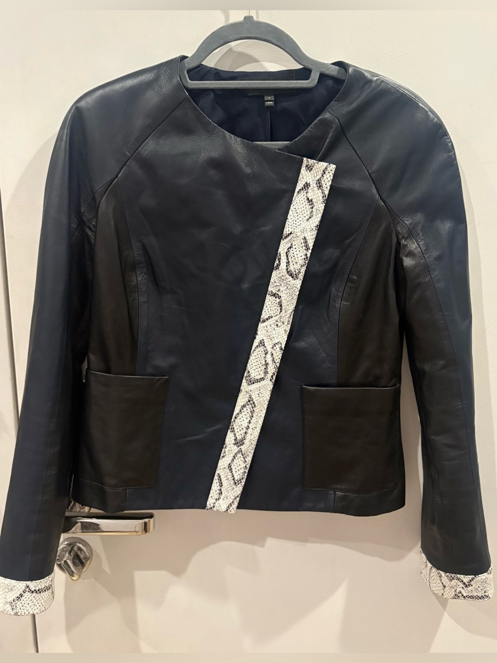 St. John 100% Leather Women’s Black and Navy Jacket with Snake-Print Trim
